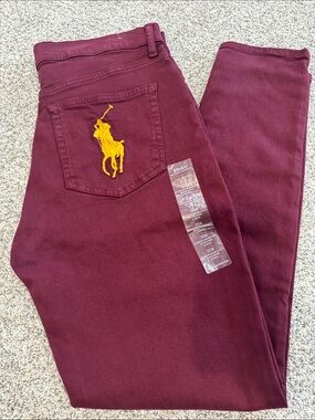 Ralph Lauren Women's Burgundy Jeans with Yellow Polo Logo